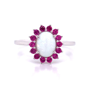 Sterling Silver Opal Halo Ruby Cz Ring