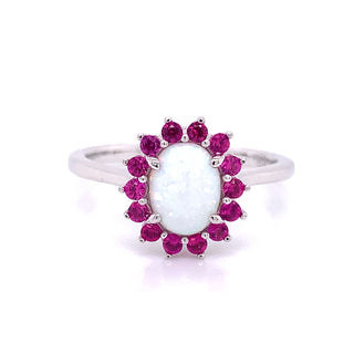 Sterling Silver Opal Halo Ruby Cz Ring
