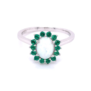 Sterling Silver Opal Halo Emerald Cz Ring