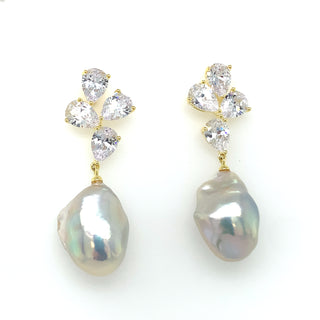 Golden Hanging Pear CZ with Drop Pearl Earring