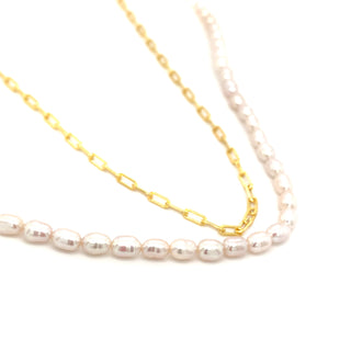Golden Double Layer Pearl and Rectangular Link Necklace