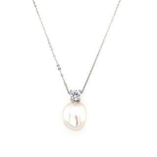 Sterling Silver Baroque Pearl & CZ Necklace