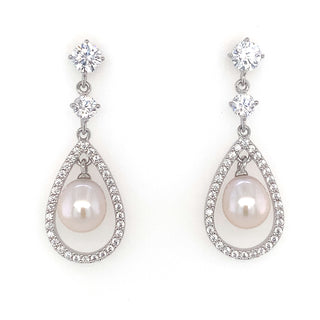 Sterling Silver Pear Halo with Drop Pearl Centre Earring