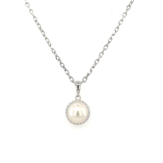 Sterling Silver Pearl CZ Halo Necklace