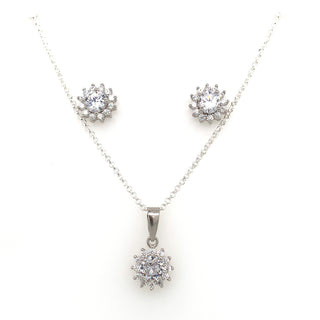 Sterling Silver Cz Flower Halo Earring And Pendant Set