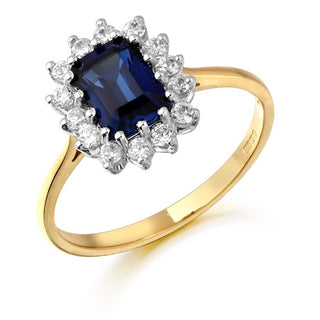 9ct Yellow Gold Emerald Cut Sapphire And Cz Halo Ring