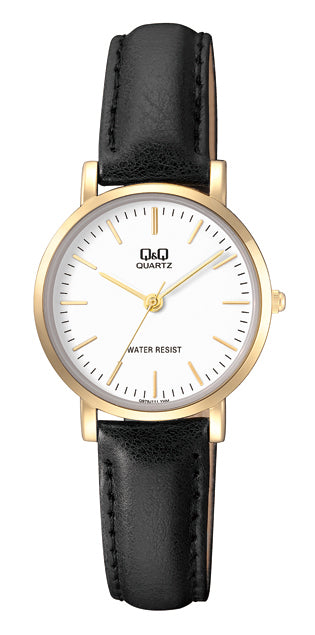 Q&Q Black Leather with Gold Dial Ladies Watch