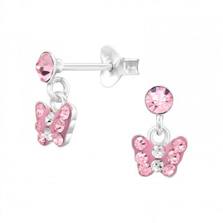 Children's Silver Dangling Butterfly Ear Studs with Crystal