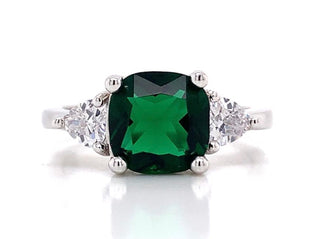 Sterling Silver Emerald Princess Cut Ring With Two Side Stones