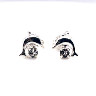 Sterling Silver Dolphin and CZ Stud Earrings