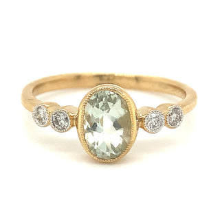 9ct Yellow Gold 0.83ct Oval Cut Green Amethyst with Side Diamonds