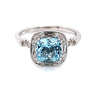 1.60ct Aquamarine with Baguette and Round Brilliant Diamonds .25ct Vintage Style Halo with Side Detail