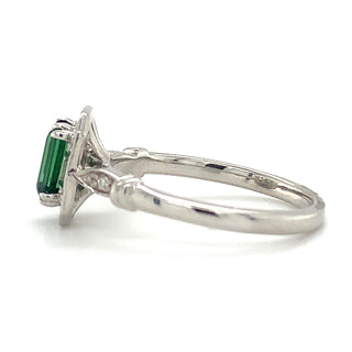 9ct White Gold Emerald cut .70ct Green Tourmaline in Diamond & White Sapphire Vintage Style Mounting