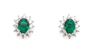 Sterling Silver Emerald And Cz Princess Di Earrings