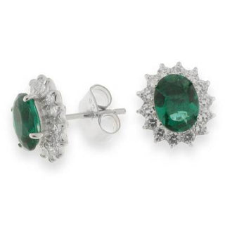 Sterling Silver Oval Emerald CZ Halo Stud Earrings