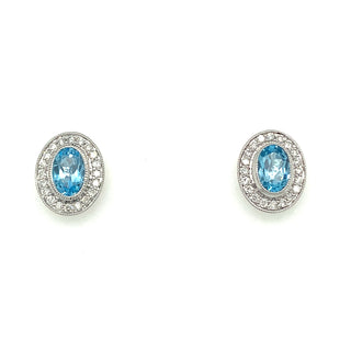 9ct White Gold 1.29ct Blue Topaz & Diamond Halo Stud Earrings