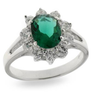Sterling Silver Princess Di Style Emerald CZ Ring