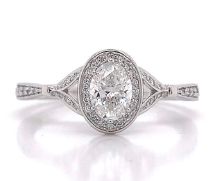 Platinum Oval Split Shank Halo Diamond Engagement Ring