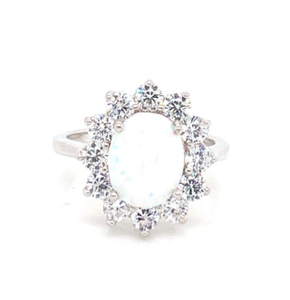 Sterling Silver Opal And Cz Princess Di Ring