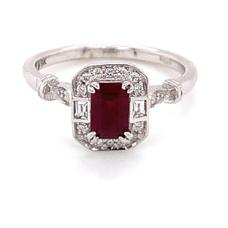 9ct White Gold Emerald Cut Ruby with Diamond & White Sapphire Vintage Style Ring