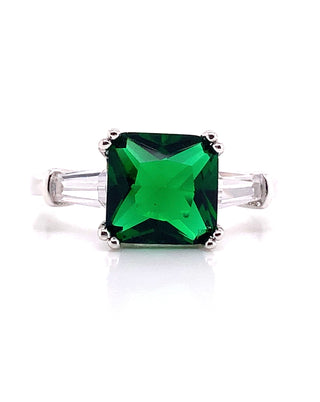 Sterling Silver Cushion Cut Emerald & Cz Ring