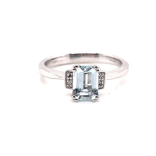 9ct White Gold Emerald Cut 1ct Earth Grown Aquamarine and Diamond Ring