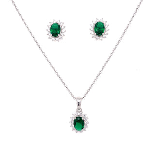 Sterling Silver Emerald Oval & CZ Halo Earring & Necklace Set