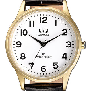 Q & Q Gents Black Leather Strap With Gold Case And White Face Watch