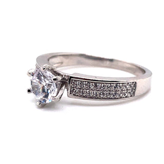 Sterling Silver Solitaire Ring with Double Pavé Set Shoulders