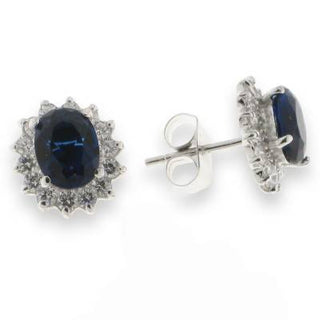 Sterling Silver Oval Sapphire CZ Halo Stud Earrings