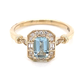 0.50ct Aquamarine Vintage Style Ring with Diamond and White Sapphire Halo