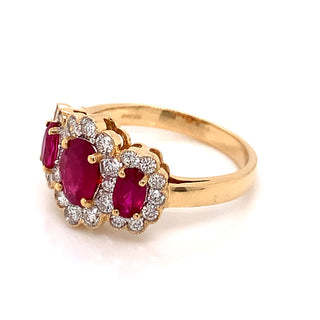 18ct Yellow Gold Vintage Style Three Stone Oval Ruby & Diamond Halo Ring
