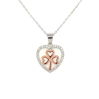 Sterling Silver Cz Heart And Three Leaf Clover Pendant