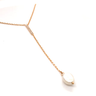 Yellow Gold Chain Necklace with Drop Pearl and Cz Plate