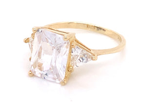 9ct Yellow Gold Emerald Cut Cz With Side Trillion Cut Stones