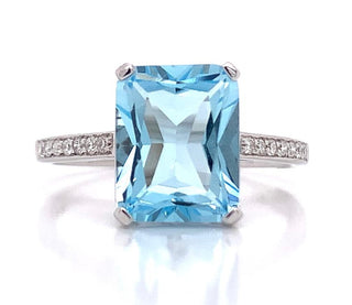 9ct White Gold 4ct Radiant Cut Sky Blue Topaz & 0.10ct Diamond Shoulder Ring