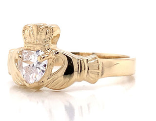10ct Yellow Gold Claddagh Ring With Clear Stone