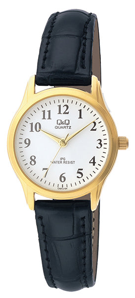 Q&Q Ladies Black Strap Watch with Gold Plated Case