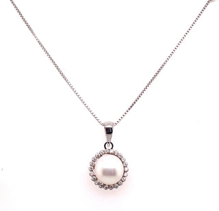9ct White Gold 7mm Pearl With Cz Edge Pendant