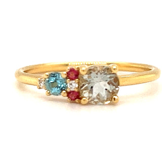 Green Amethyst, Blue & Pink Topaz and Diamond 18ct Gold Ring