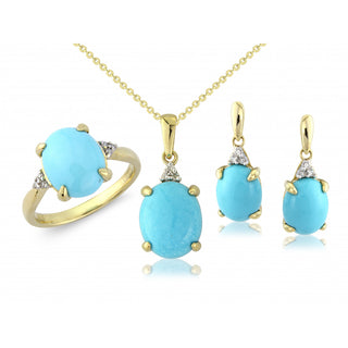 9ct Yellow Gold Turquoise & Diamond Oval Drop Earrings