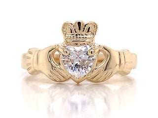 10ct Yellow Gold Claddagh Ring With Clear Stone