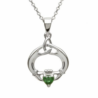 Sterling Silver Claddagh Trinity Knot Pendant With An Emerald Stone