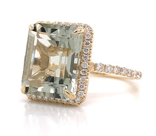9ct Yellow Gold 5.60ct Green Amethyst Diamond Halo Ring