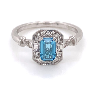 9ct White Gold Emerald Cut Blue Topaz with Diamond Vintage Style Ring