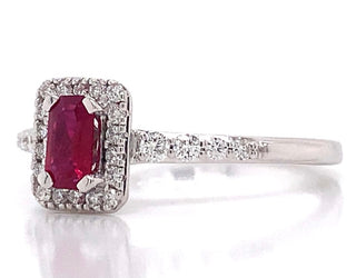 9ct White Gold 0.55ct Ruby and 0.10ct Diamond Halo Ring
