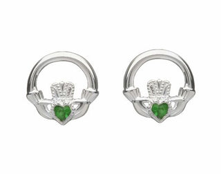Sterling Silver Claddagh Stud Earrings With An Emerald Stone