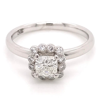 18ct White Gold Cushion Cut with a Diamond Milgrain Halo Diamond Engagement Ring