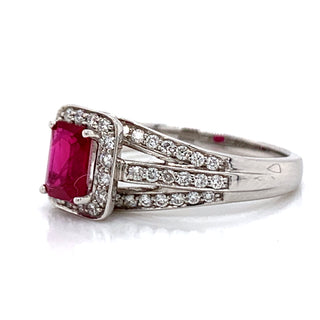 Emerald Cut .75ct Ruby in Triple Shank .35ct Pave set Diamond 18ct White Gold Ring