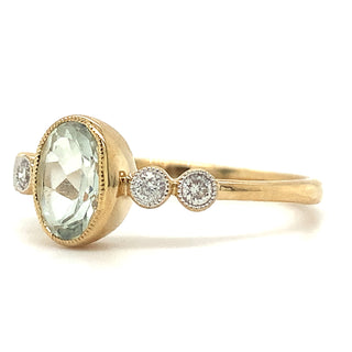 9ct Yellow Gold 0.83ct Oval Cut Green Amethyst with Side Diamonds